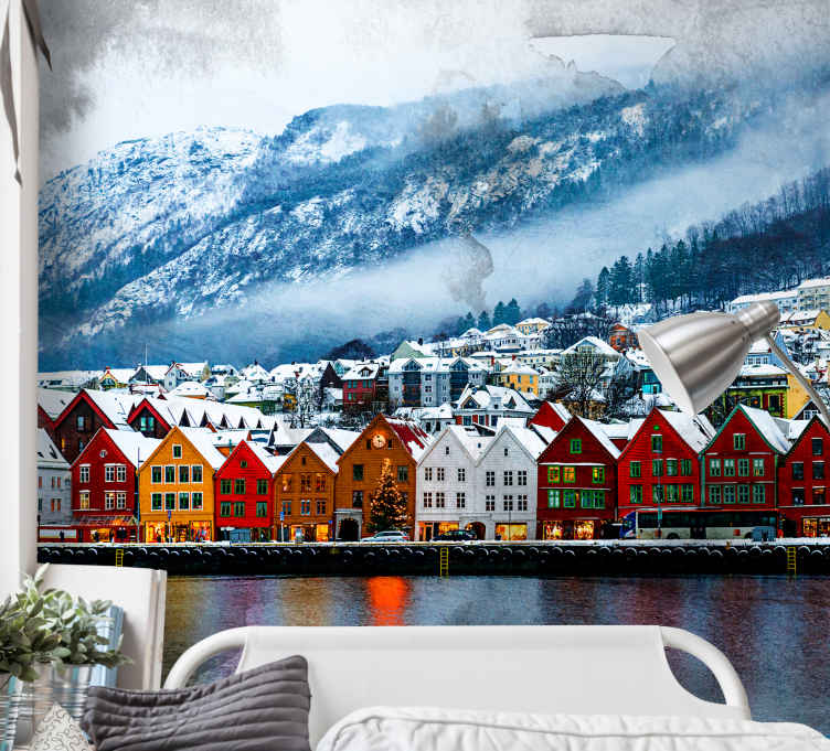 Fototapete St Dte Und L Nder Bergen City Fluss Winter Schnee Tenstickers