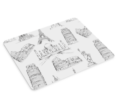 Famous Landmarks Sketch world map mouse pad - TenStickers