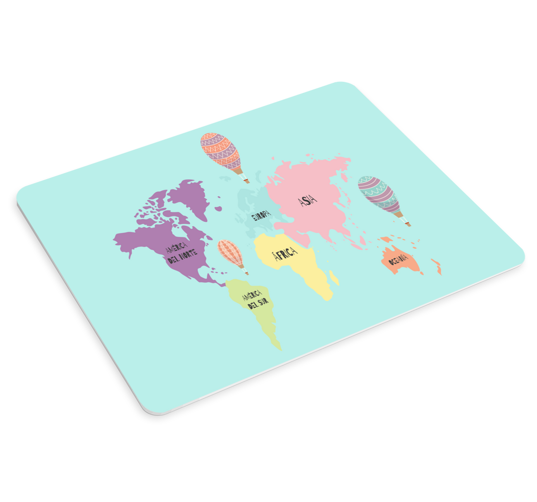 Mouse pad mapamundi diseño nórdico con globos aerostáticos. - TenVinilo