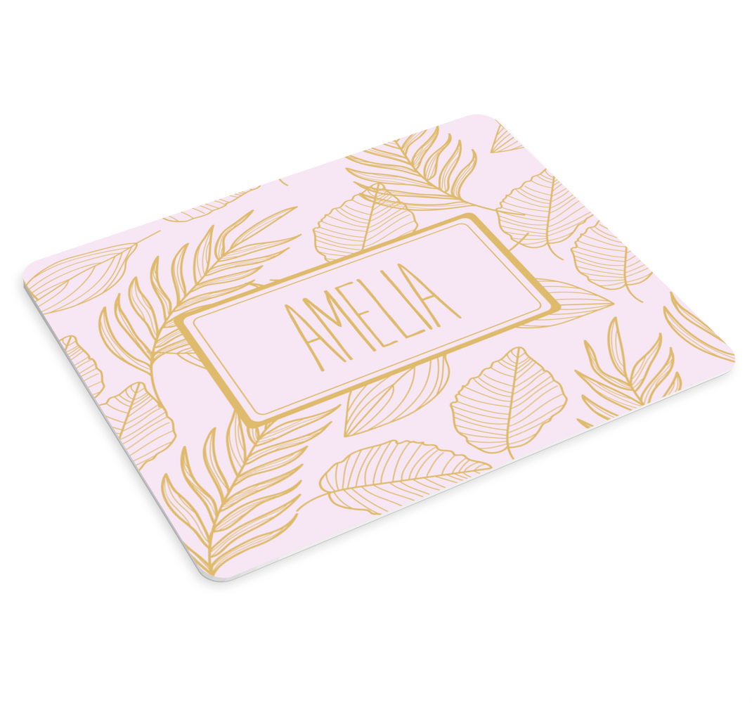 Gyldne "boho" blader mønster musematte med navn - Tenstickers