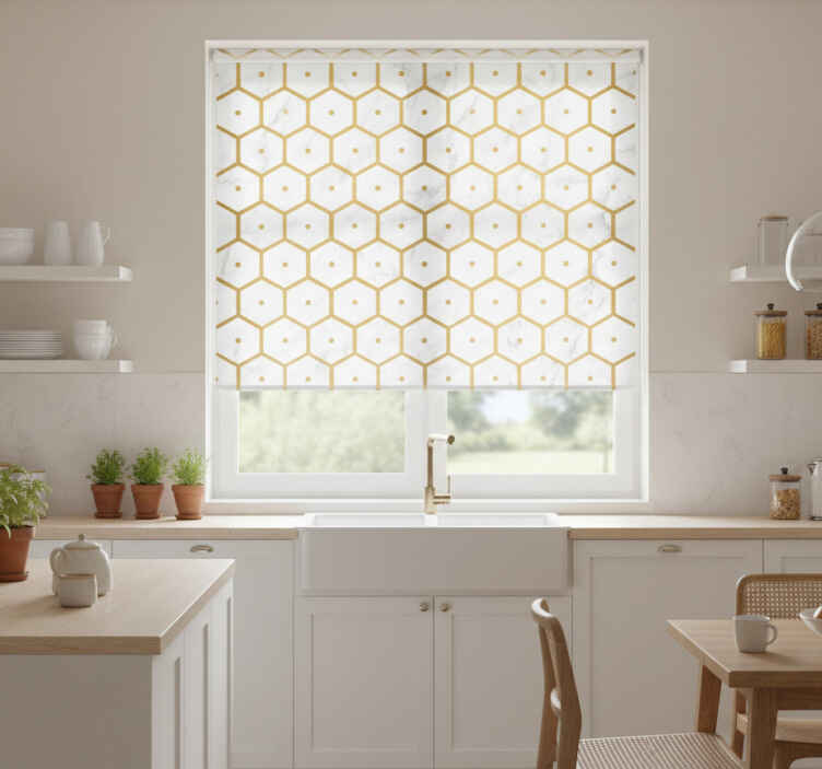 Küchenfenster rollo mit hexagonalem goldmarmor muster - TenStickers