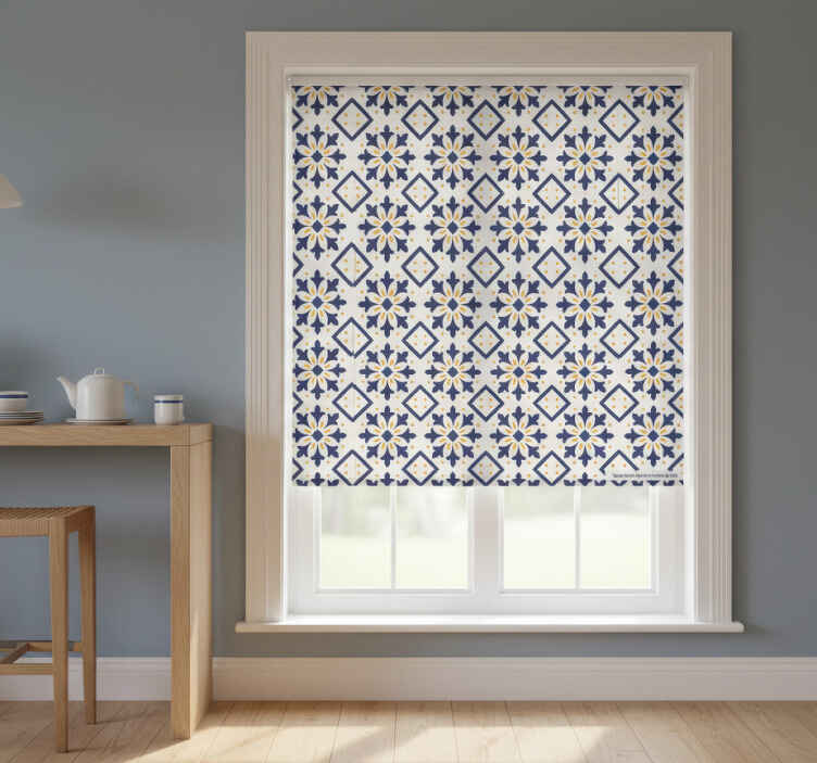Küchenfenster rollo blau mit lebhaftem gelbem kachelmuster - TenStickers