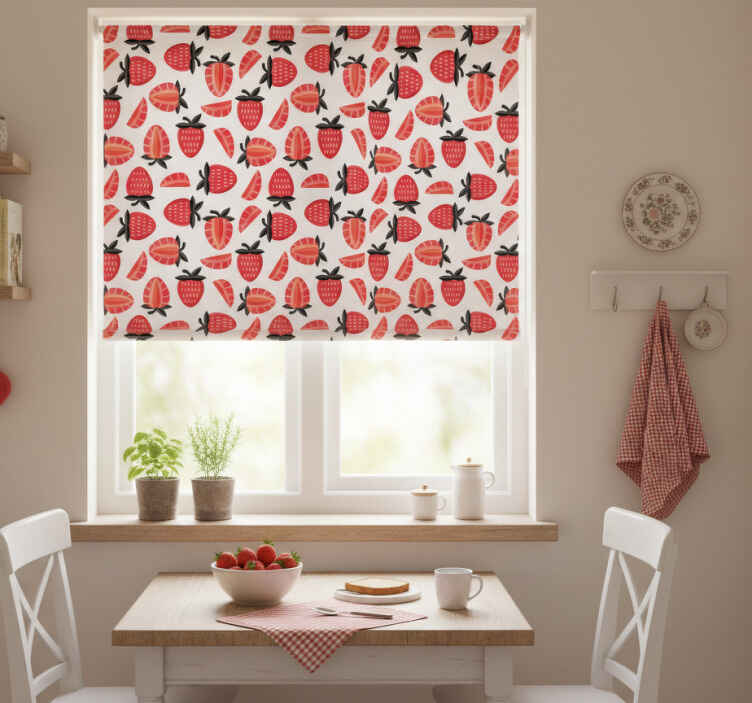 Persiana enrollable para cocina con patrón de fresas rojas - TenVinilo