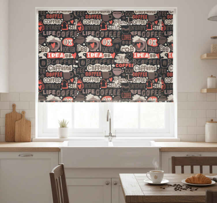 Persiana enrollable para cocina patrón tipográfico café - TenVinilo