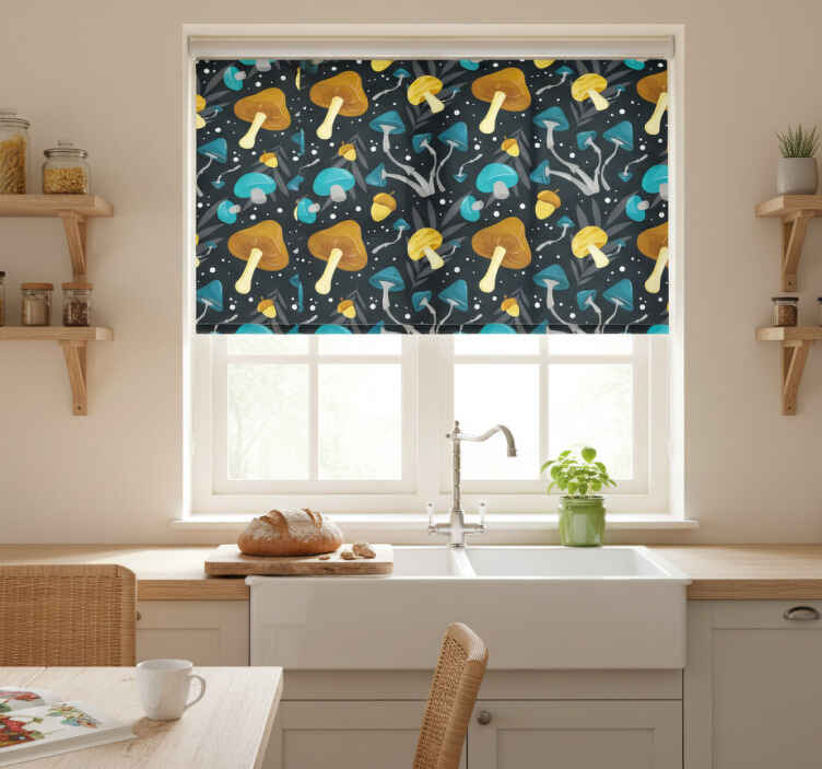 Store enrouleur cuisine motif champignons bleu et jaune - TenStickers