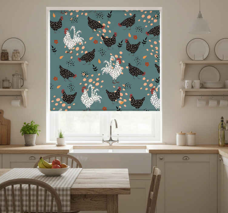 Store enrouleur cuisine poules noires et blanches fleurs - TenStickers