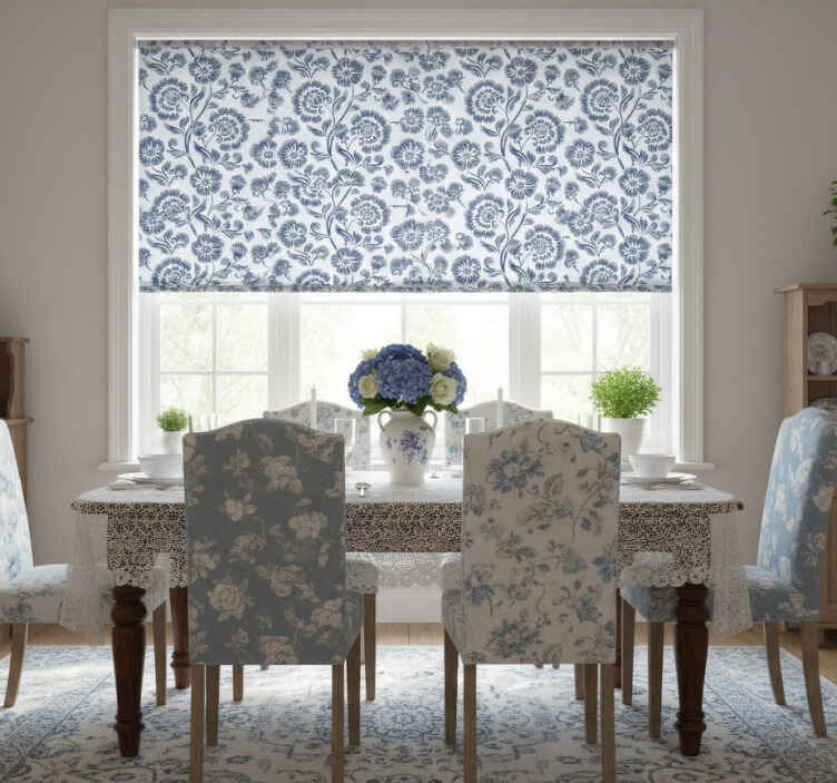 Estore de rolo sala de jantar padrão flores azuis - TenStickers