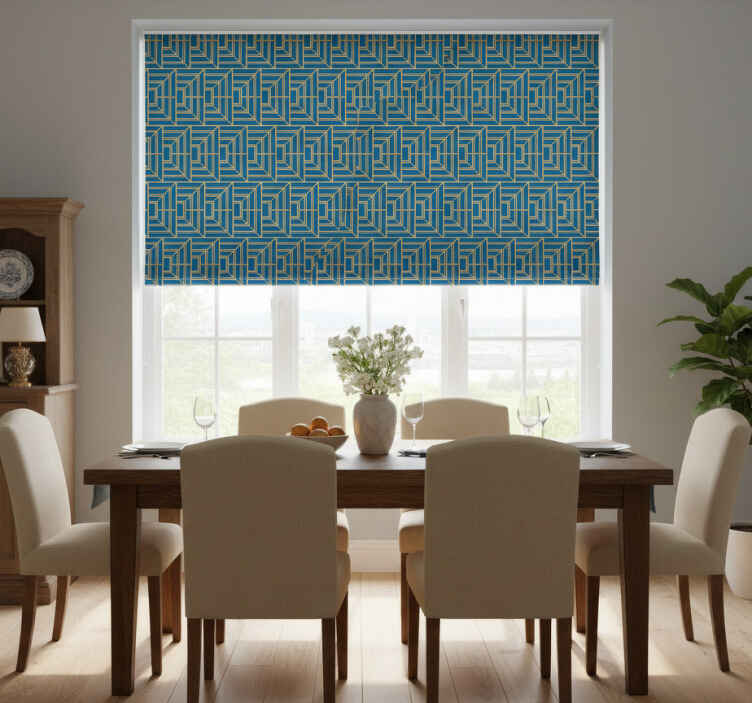Dining room roller blind with blue background and gold lines - TenStickers