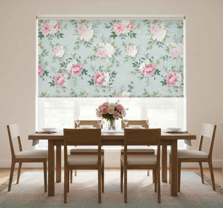 Store enrouleur salle à manger fleurs bleues et roses - TenStickers