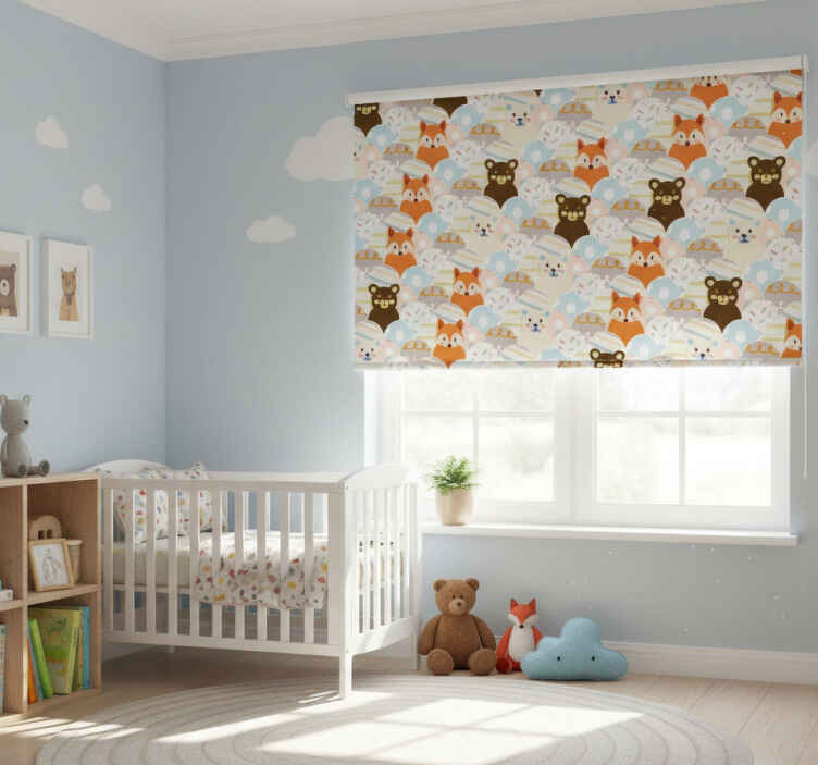 Persiana enrollable infantil diseño patchwork oso y zorro - TenVinilo