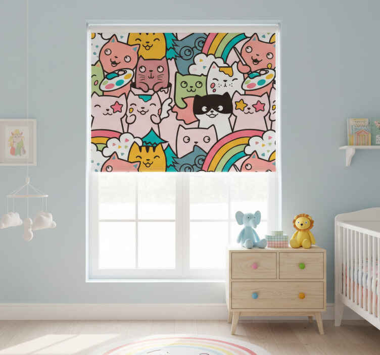 Persiana enrollable infantil gato dibujado colores pastel - TenVinilo