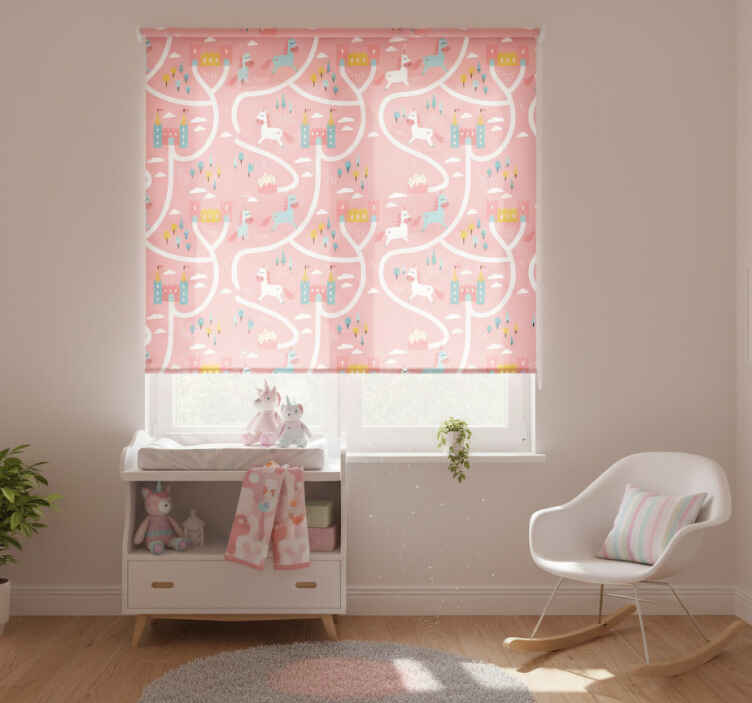 Children room roller blind with pink unicorns and castles - TenStickers