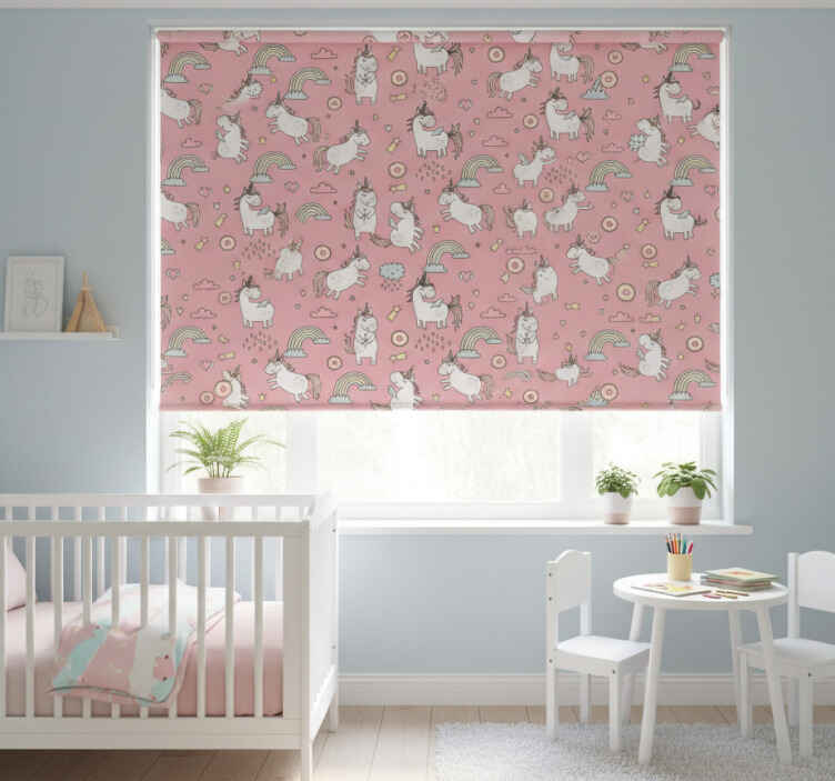 Children room roller blind with pink unicorns and rainbows - TenStickers