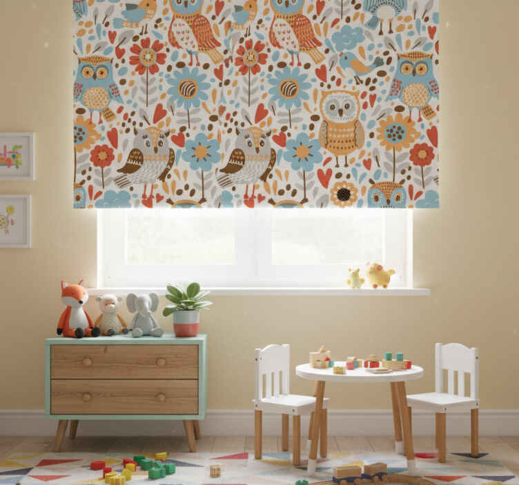Persiana enrollable infantil búhos coloridos con flores - TenVinilo