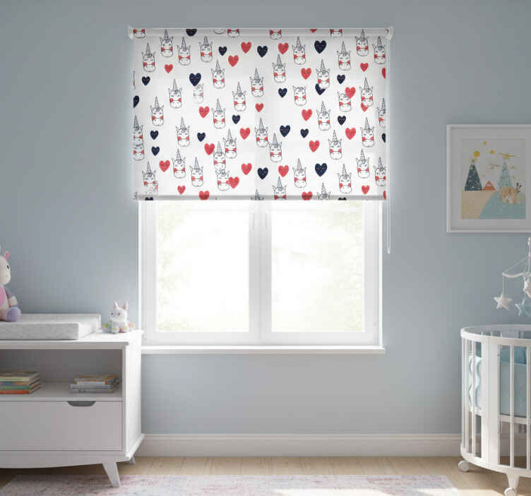 Children room roller blind unicorn pattern with hearts - TenStickers