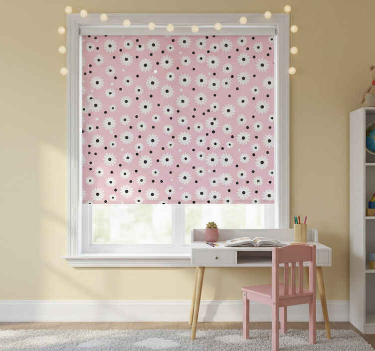Children room roller blind pink black dots floral pattern - TenStickers