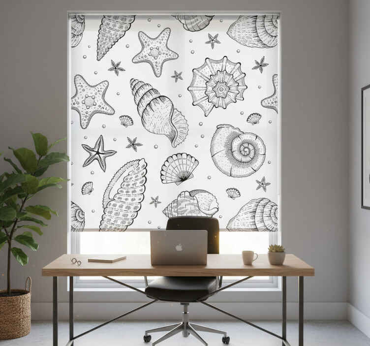 Store enrouleur bureaux vie marine et coquillages noir blanc - TenStickers