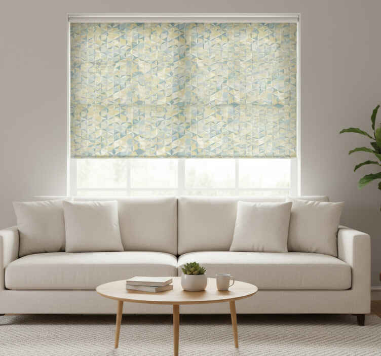 Cortina roller moderno geométrico beige azul y amarillo - TenVinilo