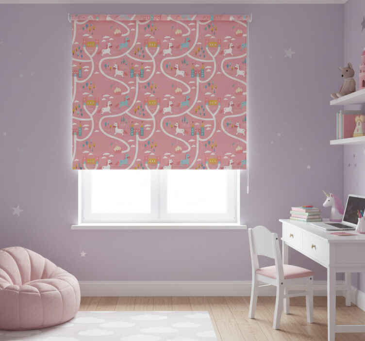 Pink roller blind with castles and unicorns - TenStickers