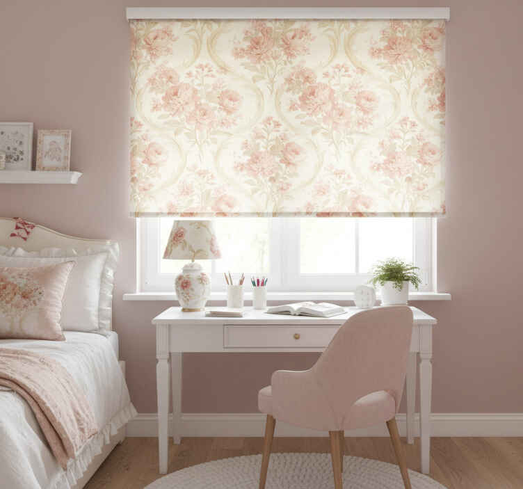 Pink roller blind with vintage light washed floral design - TenStickers