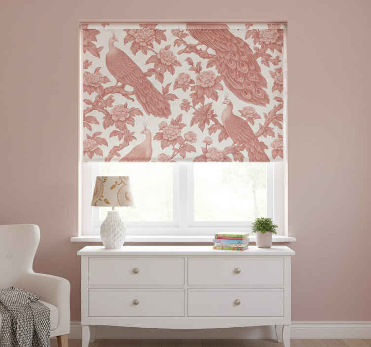 Pink roller blind with textile pink peacocks pattern - TenStickers