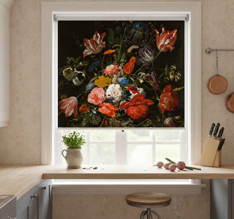 Küchenfenster rollo mit rot-blau-weißen blumenmotiv - TenStickers