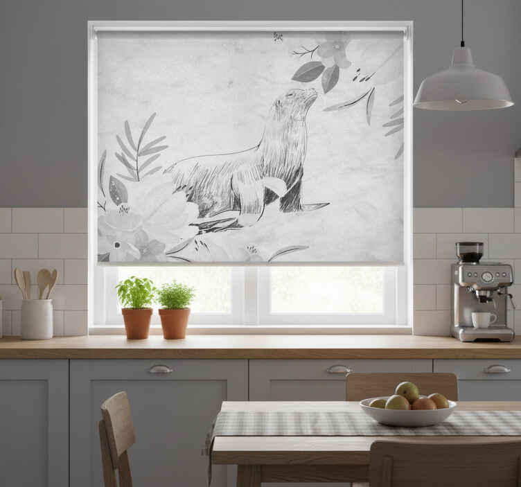 Persiana enrollable para cocina foca gris nadando y flores - TenVinilo