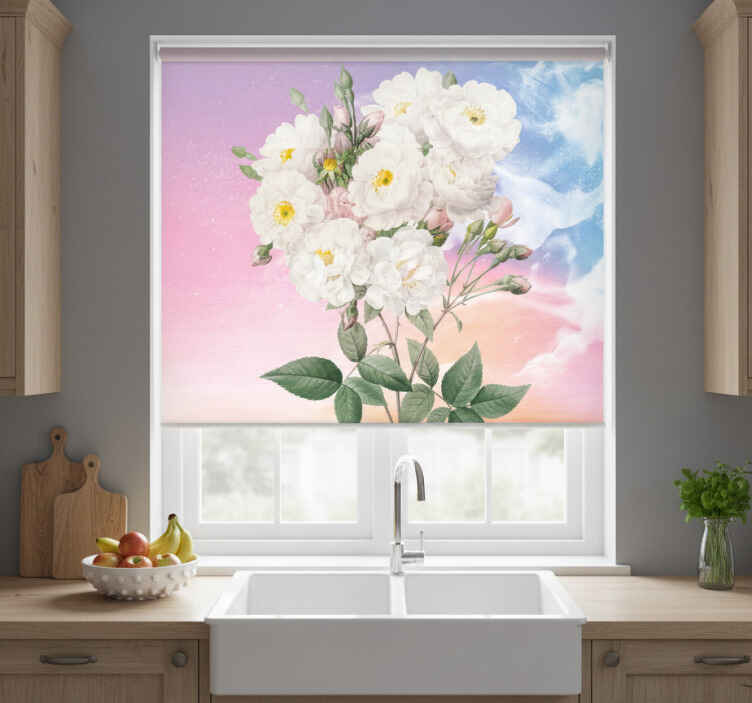 Kitchen roller blind with white flowers on blue orange - TenStickers