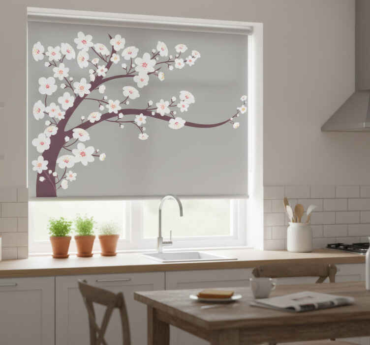 Store enrouleur cuisine fleurs blanches sur fond gris - TenStickers