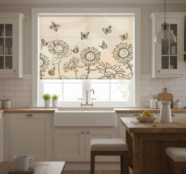 Store enrouleur cuisine tournesols et papillons beige - TenStickers