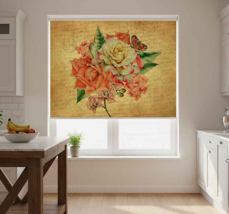 Persiana enrollable para cocina rosa con mariposa y escritos - TenVinilo