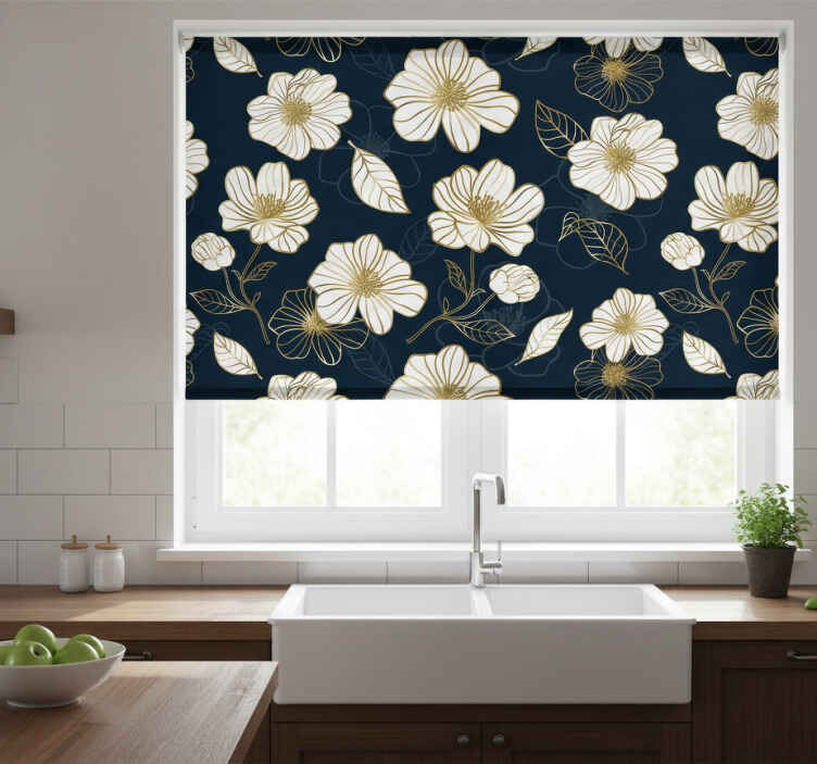 Kitchen roller blind with minimalistic gold flower lineart - TenStickers