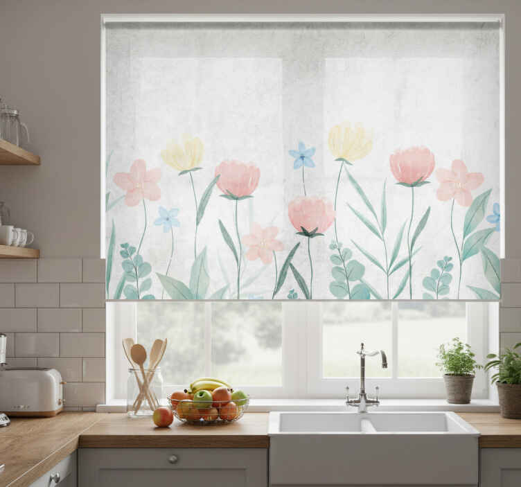 Store enrouleur cuisine fleurs colorées sur fond blanc - TenStickers
