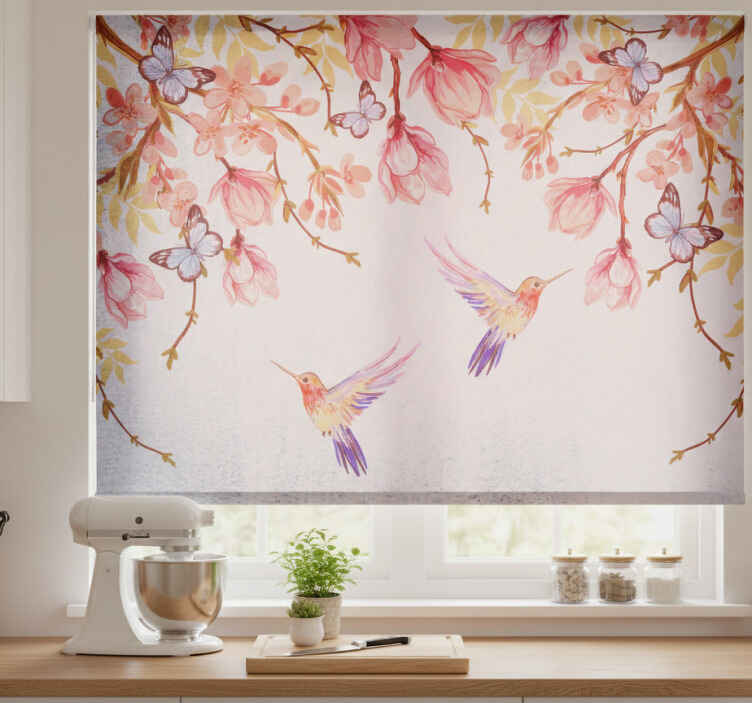Store enrouleur cuisine magnolia et oiseaux style chinois - TenStickers