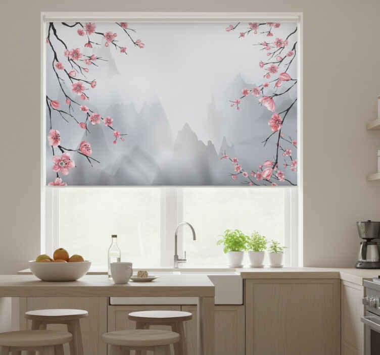 Kitchen roller blind cherry blossom branches view - TenStickers