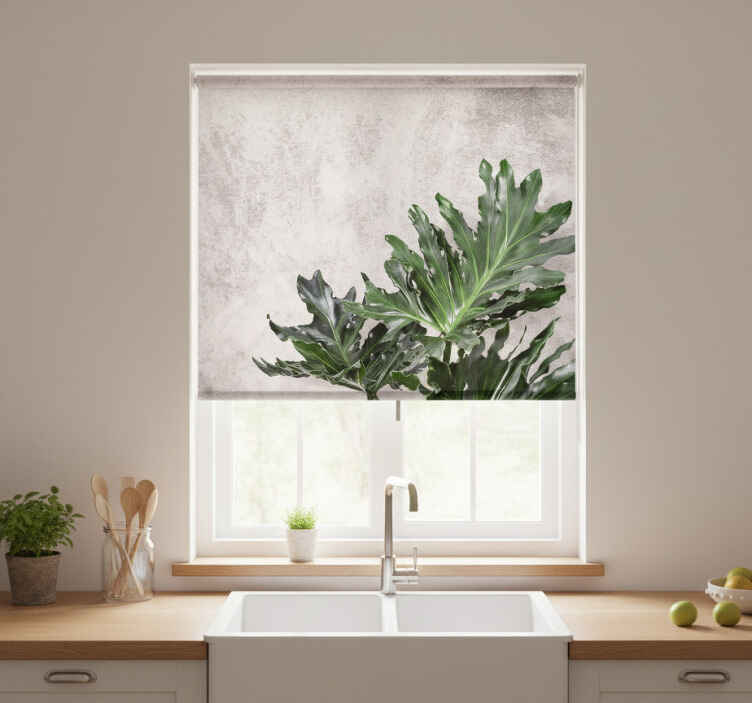 Kitchen roller blind with green leaves on concrete - TenStickers