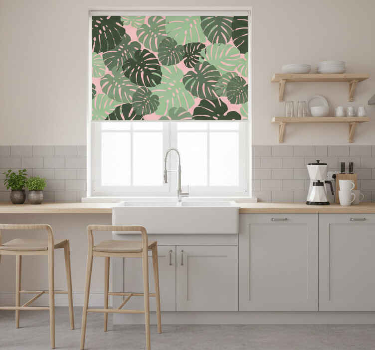 Kitchen roller blind with pink monstera leaves - TenStickers