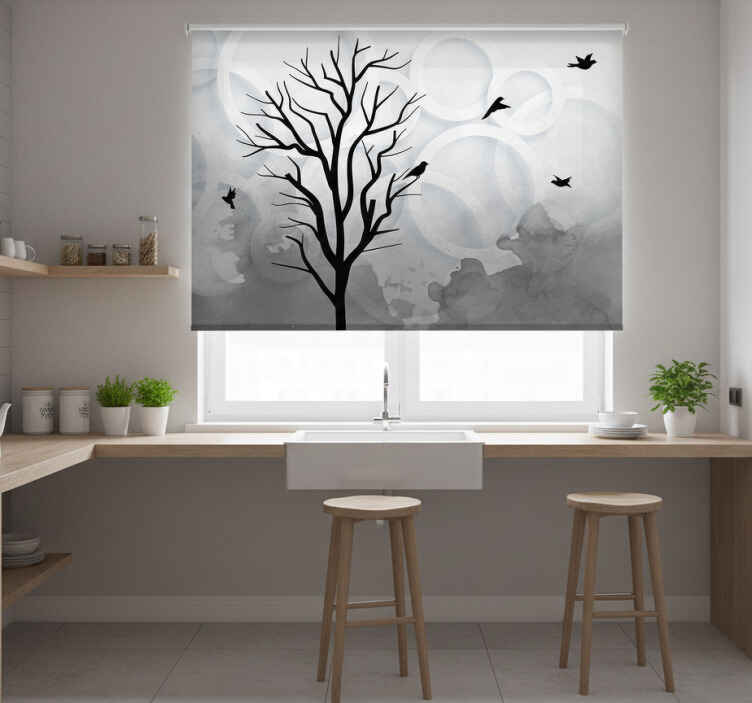 Store enrouleur cuisine arbre noir artistique avec oiseaux - TenStickers