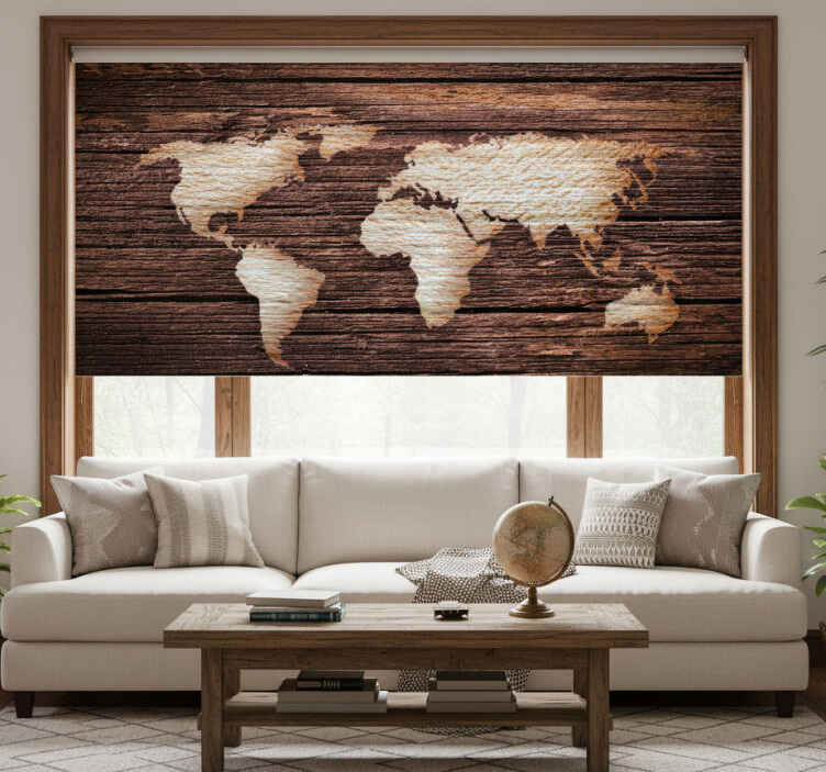 Persiana enrollable salón mapa mundial madera marrón - TenVinilo