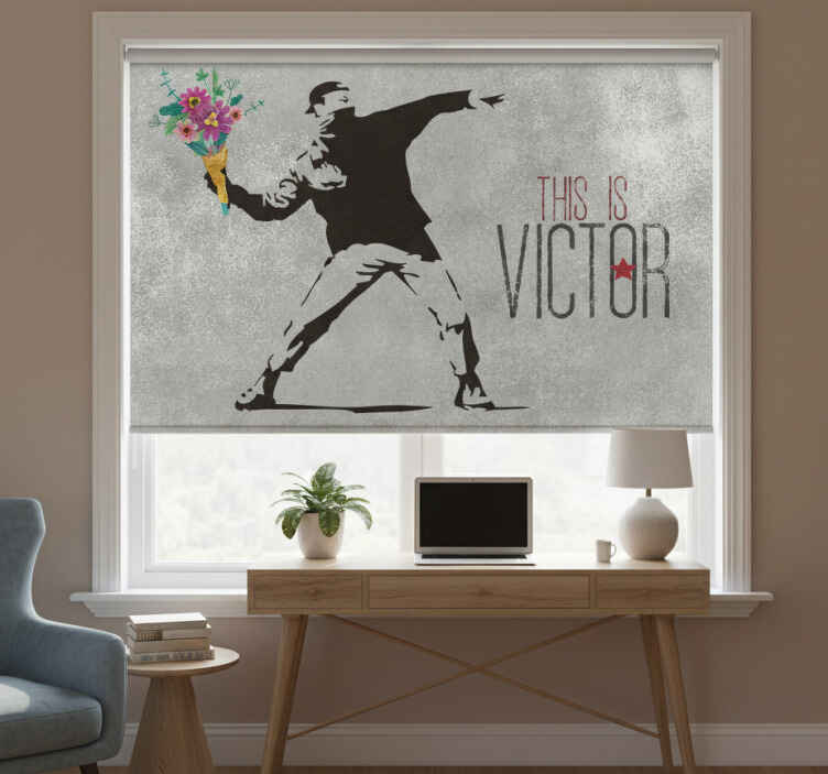 Gray roller blind personalized banksy flower bouquet - TenStickers