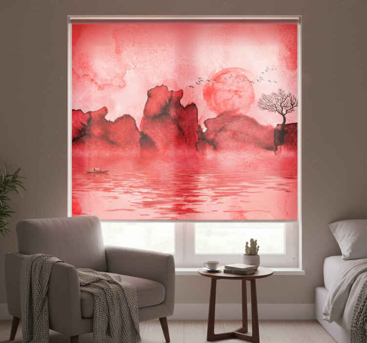 Red roller blind with chinese ink landscape design - TenStickers