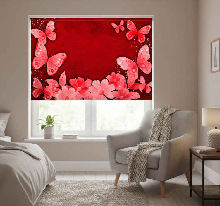 Estore de rolo vermelho com estampa de flores e borboletas - TenStickers