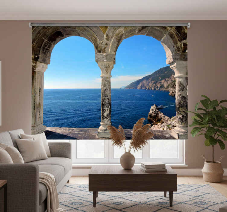 Living room roller blind coastal view arches - TenStickers