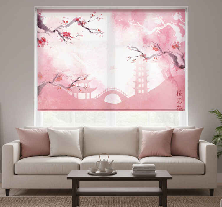 Living room roller blind cherry blossom view - TenStickers
