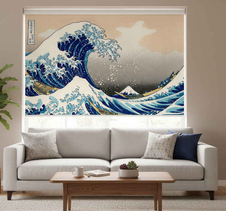 Living room roller blind hokusai wave mural - TenStickers
