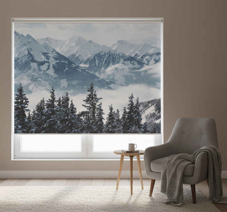 Living room roller blind snowy mountains and trees - TenStickers