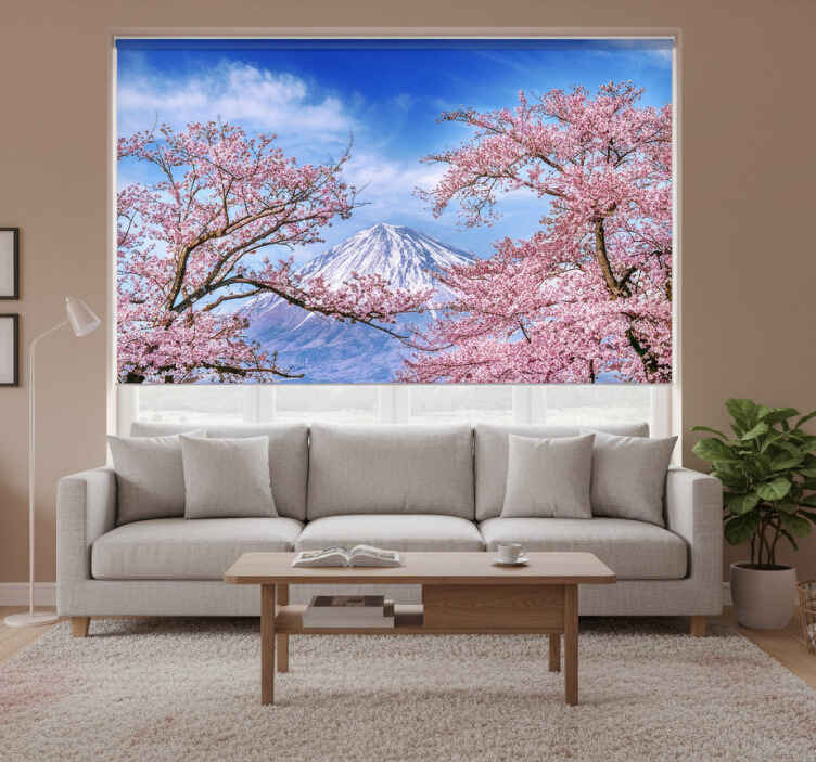 Living room roller blind mountain cherry blossom - TenStickers