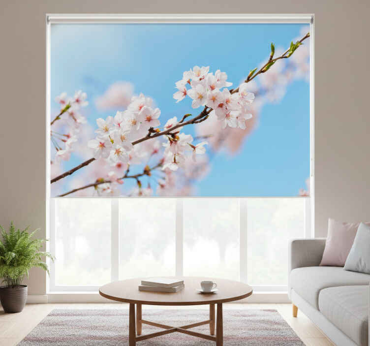 Living room roller blind white cherry blossom - TenStickers