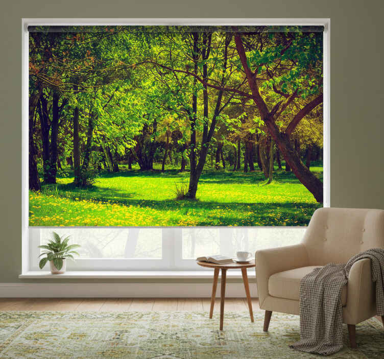 Living room roller blind serene forest view - TenStickers