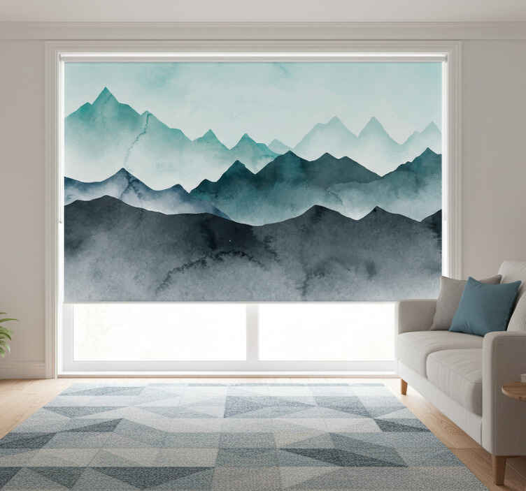 Living room roller blind painted blue mountains - TenStickers